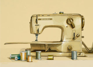 Oil Painting by Erin Berrett, Nostalgic painting of a Bernina sewing machine with spools of thread.