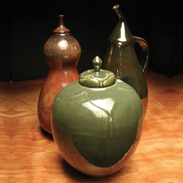 Vessels created by Michael Sprague. Front piece glazed with PC-41 Vert Lustre. Back pieces glazed with PC-53 Ancient Jasper (left) and PC-4 Palladium (right).