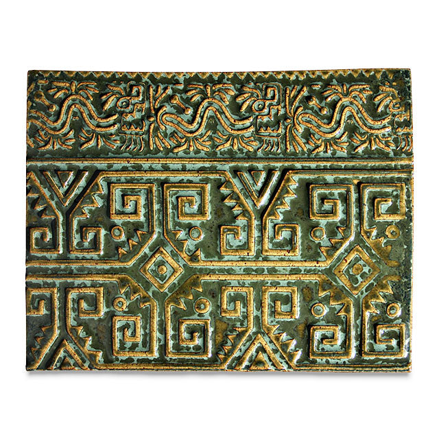 Tile created using Texture Mold MCTM-1 Pre-Columbian Multicultural then glazed with PC-41 Vert Lustre.