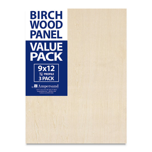 Ampersand Unprimed Birch Wood Artist Panel - 7/8" Cradle, 9" x 12", 3 Pack