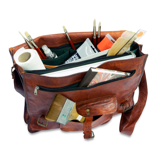 Leather Messenger Bag Filled with Art Supplies (Art Supplies Not Included)