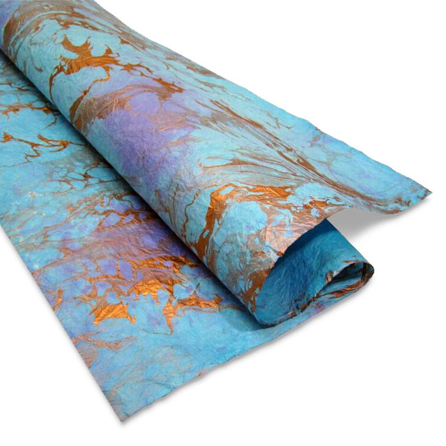 Thai Marbled Momi Mulberry Paper, Turquoise/Purple/Copper