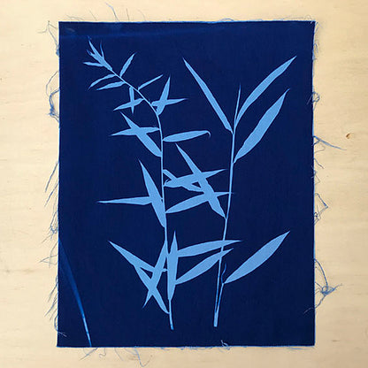 Cyanotype print of tall grass on pre-treated fabric