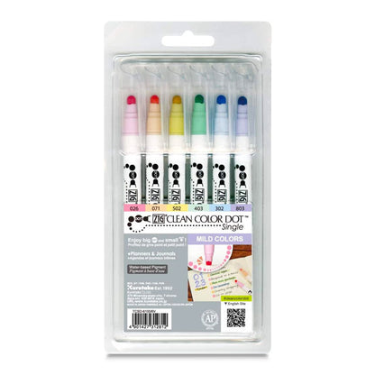 Zig Clean Color Dot Single Tip Marker - Mild Colors, Set of 6