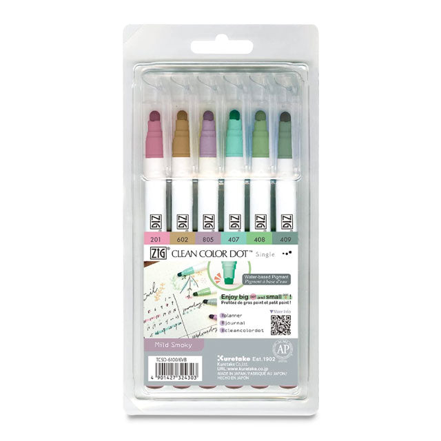 Zig Clean Color Dot Single Tip Marker - Mild Smoky Colors, Set of 6