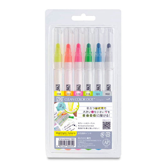 Zig Clean Color Dot Single Tip Marker - Fluorescent Highlight Colors, Set of 6