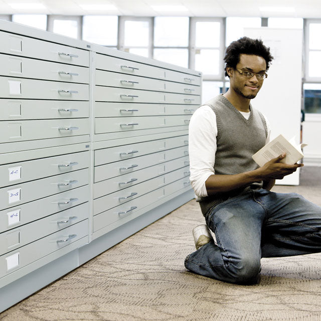 Four 5-Drawer Steel Flat Files on Base in Library