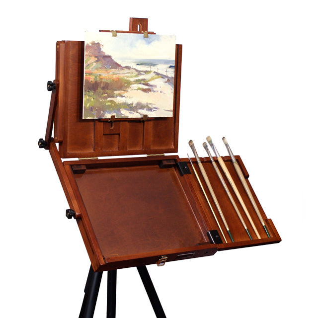 Large Sienna Plein Air Pochade Box with Tripod (sold separately) - Brushes not included.