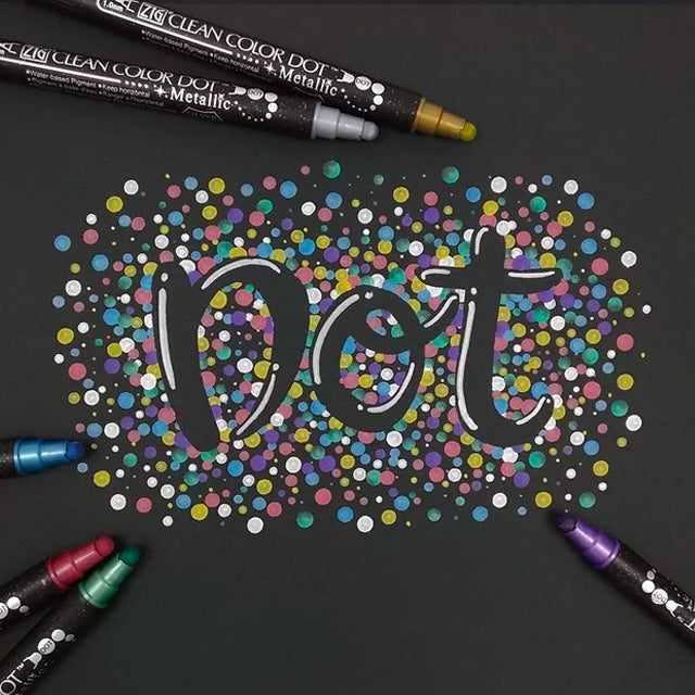 "Dot" Lettering Artwork Created with Clean Color Metallic Dot Pens on Black Paper