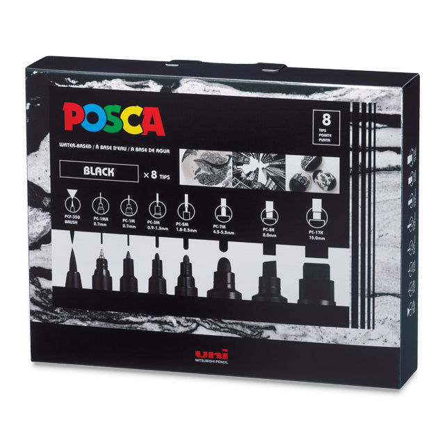 Posca Paint Marker - Black Set of 8, Assorted Tips