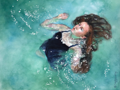 Watercolor of girl floating in a pool.

Title: Untethered In Green
Artist: Stacy Lund Levy
Medium: Watercolor
Size: 31.5 x 38.5 inches