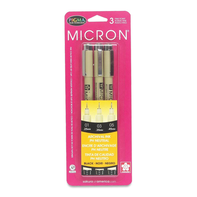 Pigma Micron Pens, Set of 3, Black, Sizes 01-05