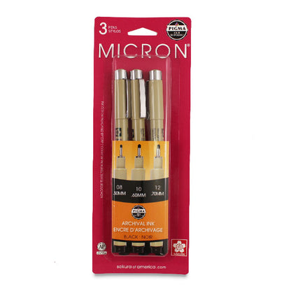 Pigma Micron Pens - Set of 3, Black, Sizes 08-12