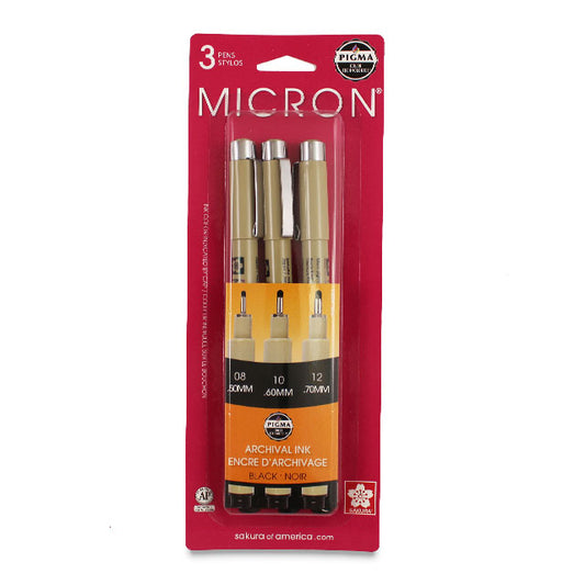 Pigma Micron Pens - Set of 3, Black, Sizes 08-12