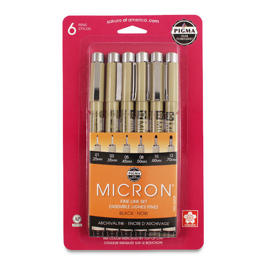 Pigma Micron Pens - Set of 6, Black, Sizes 01-12