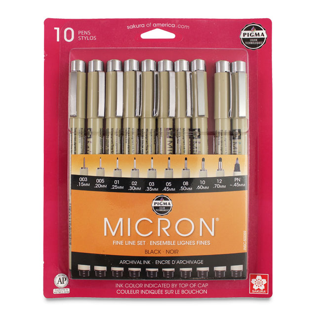 Pigma Micron Pens - Set of 10, Black, Sizes 003-12