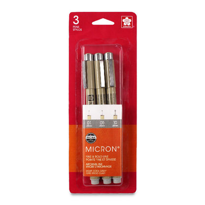 Sakura Pigma Micron Pens - Light Cool Gray, Assorted Sizes, Set of 3