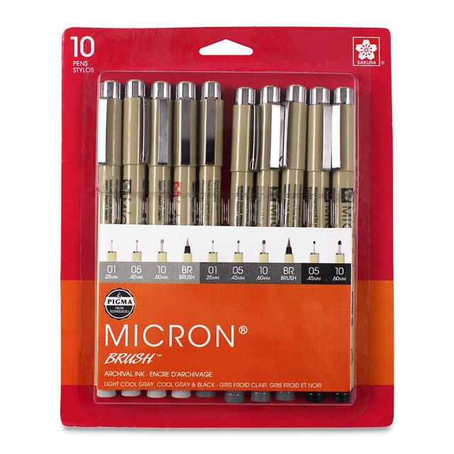 Sakura Pigma Micron Pens - Grays and Black, Assorted Sizes, Set of 10