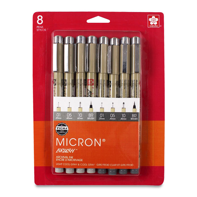 Sakura Pigma Micron Pens - Grays, Assorted Sizes, Set of 8