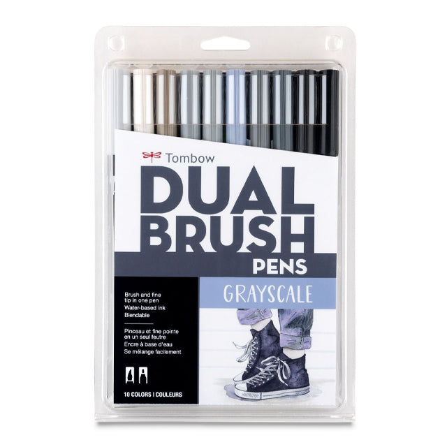 Dual Brush Pens, Grayscale Colors, Set of 10